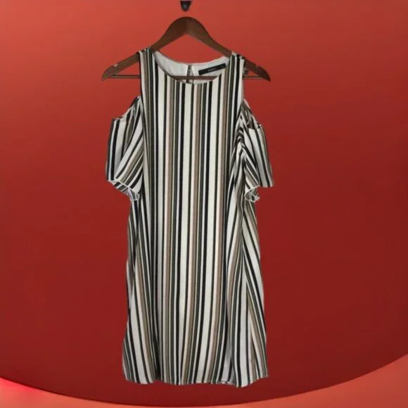 J Roberts Cold Shoulder Dress With Short Sleeves & Pin Stripes Size S - Picture 1 of 9
